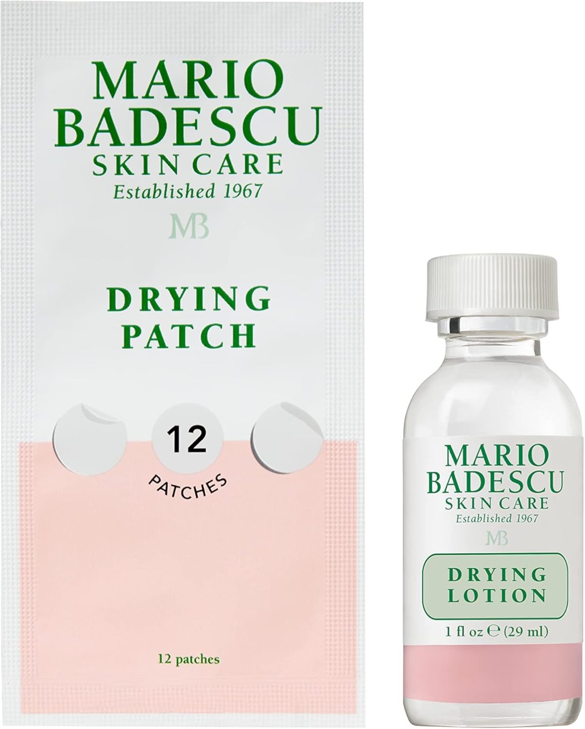 Mario Badescu AM/PM Blemish Kit, Includes Drying Lotion Spot Treatment with Salicylic Acid and Sulfur (1 Fl Oz) AND Drying Patch Facial Stickers, Invisible Pimple Patches (12 Count)