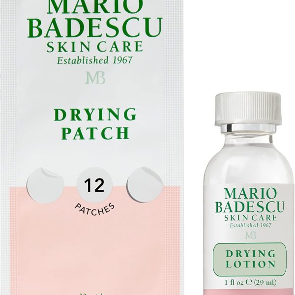 Mario Badescu AM/PM Blemish Kit, Includes Drying Lotion Spot Treatment with Salicylic Acid and Sulfur (1 Fl Oz) AND Drying Patch Facial Stickers, Invisible Pimple Patches (12 Count)