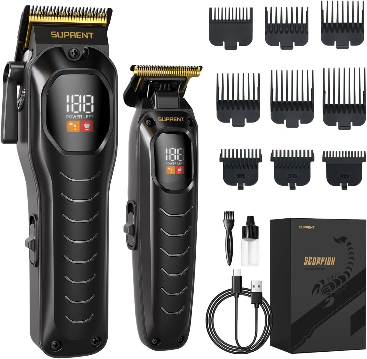 SUPRENT Professional Hair Clipper for Men-Rechargeable Heavy-Duty Motor Hair Cutting Kits with LED Display, Cordless Factory-Calibrated Zero Gapped Beard Hair Trimmer, Gifts for Men, Black