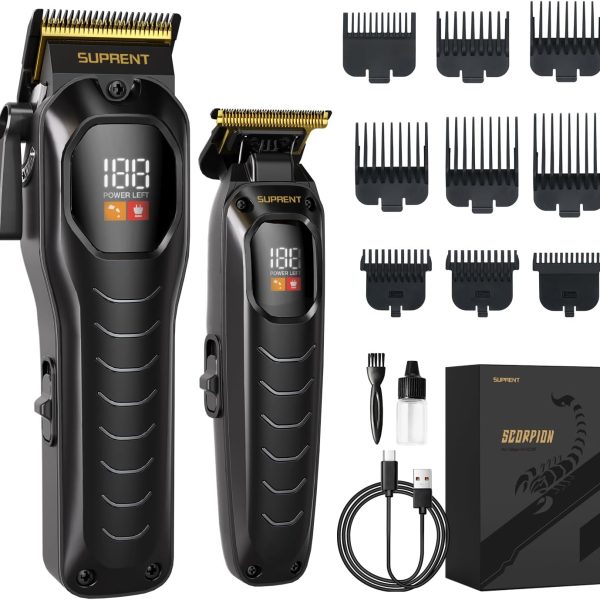 SUPRENT Professional Hair Clipper for Men-Rechargeable Heavy-Duty Motor Hair Cutting Kits with LED Display, Cordless Factory-Calibrated Zero Gapped Beard Hair Trimmer, Gifts for Men, Black