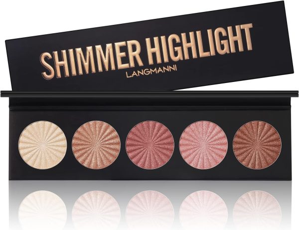 Highlighter Makeup Palette, Shimmer Highlight Makeup Palette, 5 Shades， Highlighter Makeup Illuminator，Waterproof Long Lasting Brilliant Lighten Skin Color