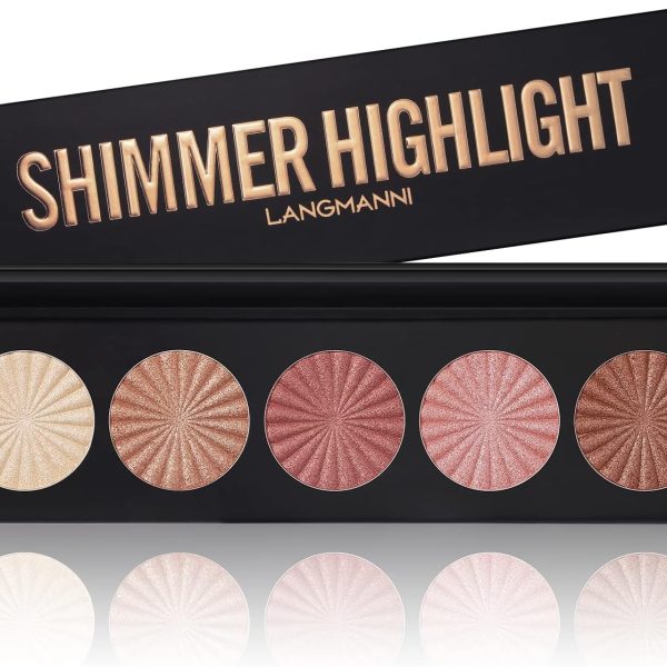 Highlighter Makeup Palette, Shimmer Highlight Makeup Palette, 5 Shades， Highlighter Makeup Illuminator，Waterproof Long Lasting Brilliant Lighten Skin Color