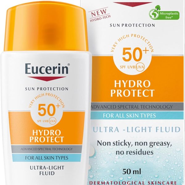 Eucerin Sunscreen Hydro Protect Face Ultra Light Fluid, High UVA/UVB Protection, SPF 50+, Suitable for Daily Use, Non sticky, Non Greasy, Suitable for All Skin Types, 50ml