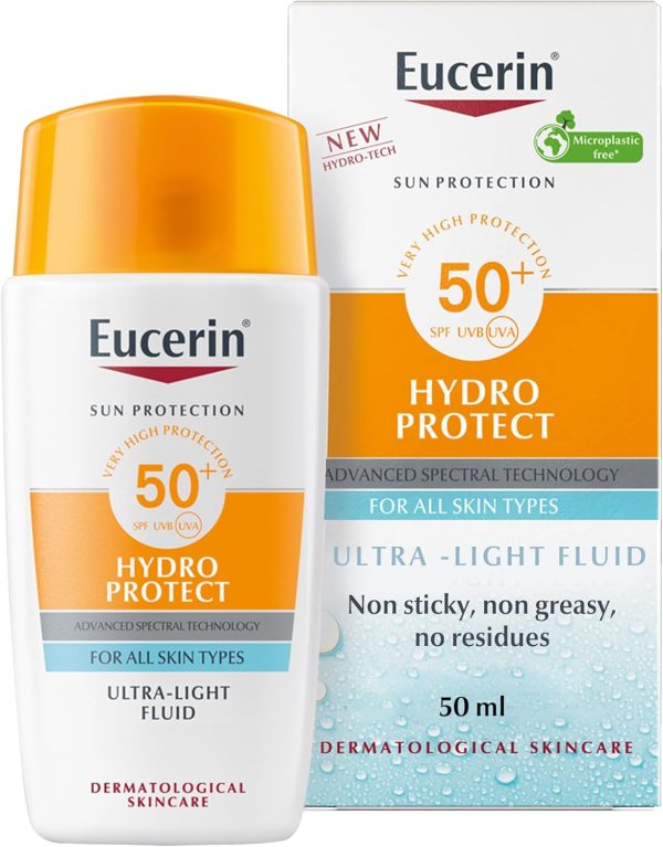 Eucerin Sunscreen Hydro Protect Face Ultra Light Fluid, High UVA/UVB Protection, SPF 50+, Suitable for Daily Use, Non sticky, Non Greasy, Suitable for All Skin Types, 50ml