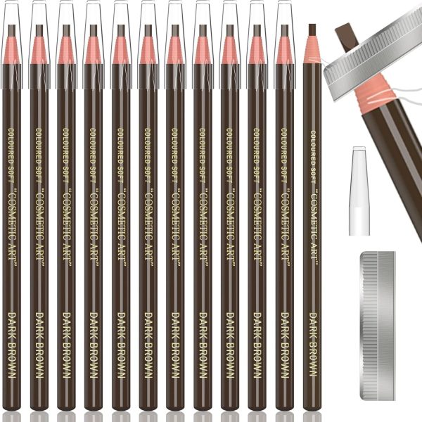 12 Piece Dark Brown Colour Waterproof Eyebrows Pencil Tattoo Makeup And Microblading Supplies Kit-Permanent Eye Brow Liners In Waterproof Eyebrow Pencils Peel - Brow Pencil Set For Marking(Dark Brown)