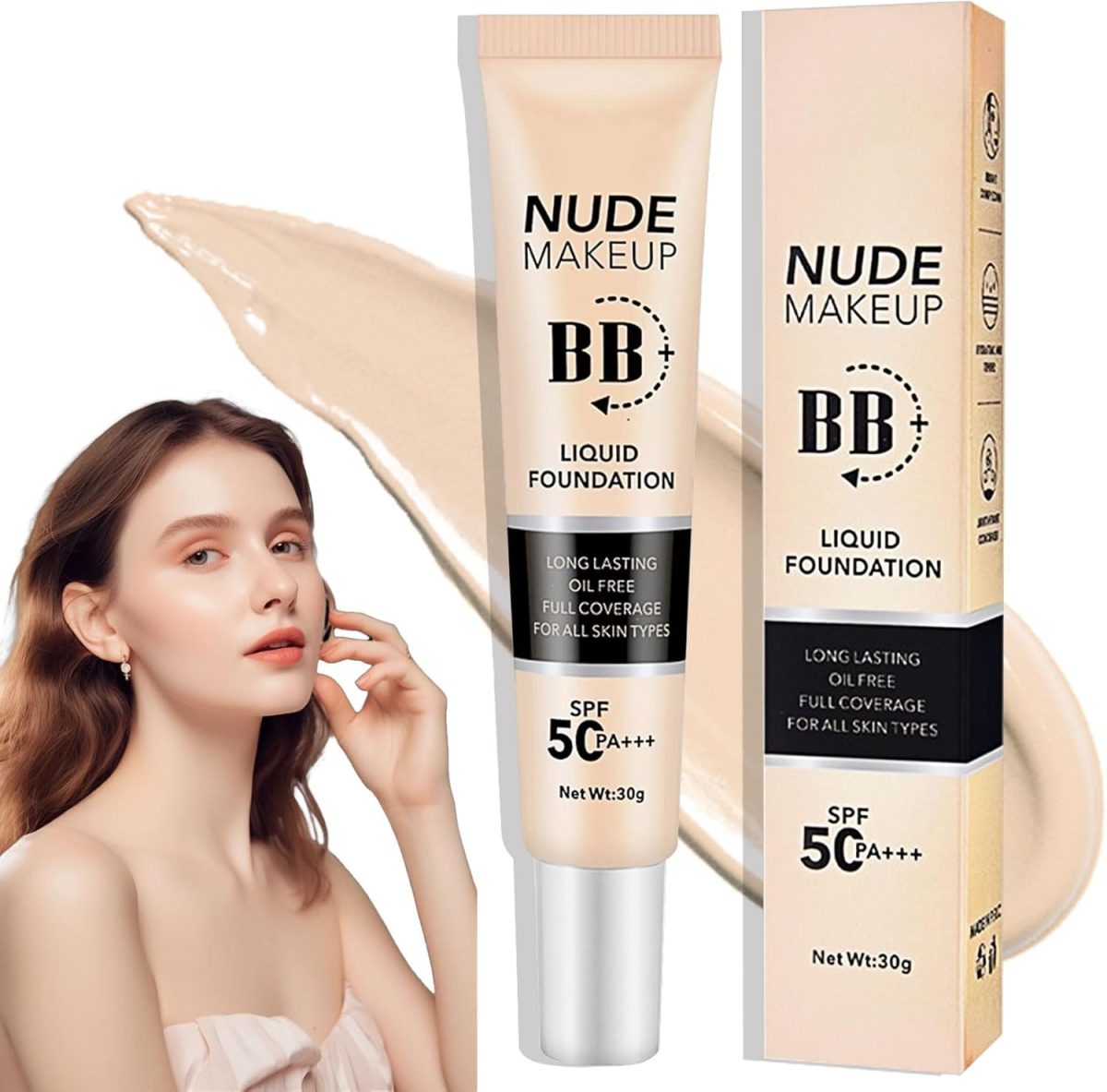 Azonee Hydrating BB Cream with SPF 50+ PA++++,Waterproof Flawless Concealer Full Coverage BB Cream, Long Lasting Moisturizing Full Coverage Liquid Foundation, All-Day Hold, All Skin Types (Ivory)