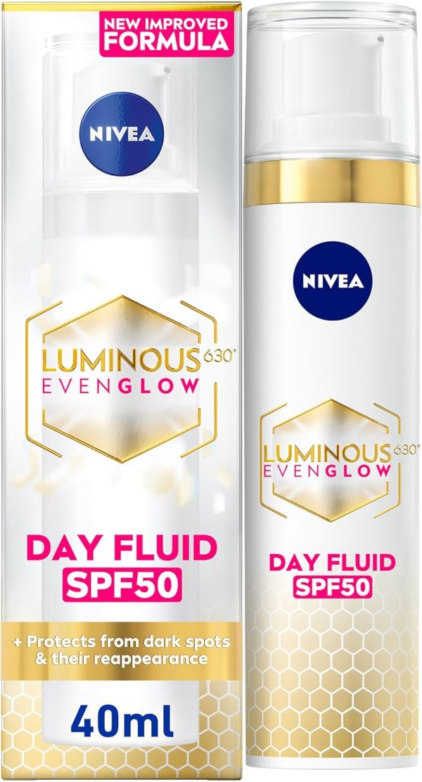 NIVEA LUMINOUS 630 EVEN GLOW Anti Dark Spot Face Fluid SPF 50, UVA & UVB Sun Protection, Spotless Even Skin, Hydrating Hyaluronic Acid & Vitamin E, 40ml