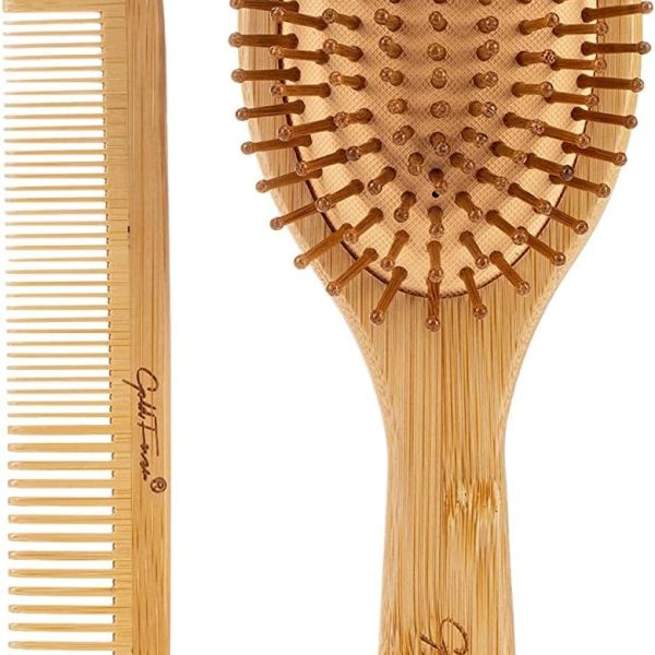 LELE Natural Bamboo Comb Set Wooden Massage Hair Brush with Wide Tooth Comb & Grooming Comb for Women Men and Kids - Reduce Frizz and Massage Scalp (2 PCS)