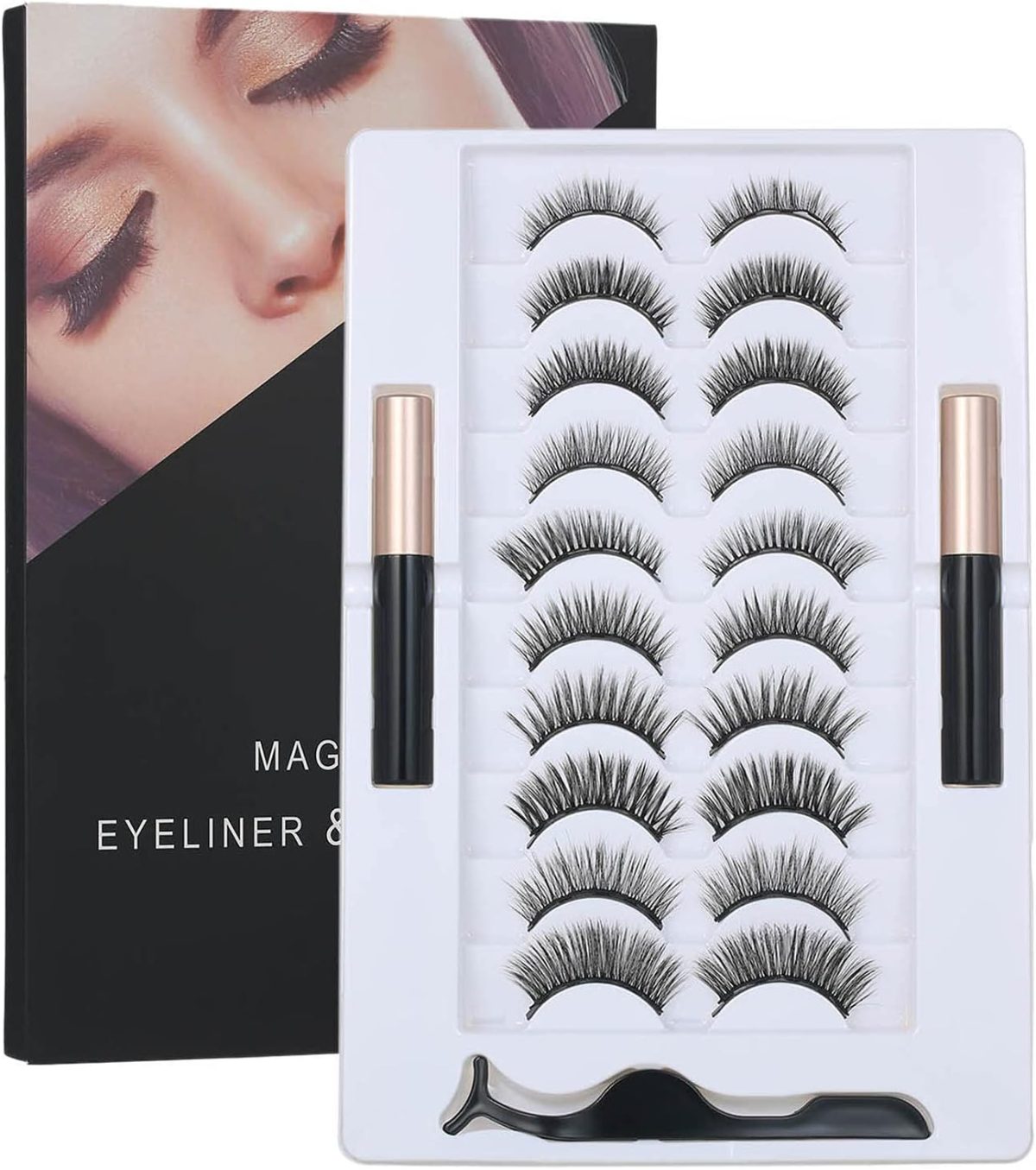 Pepisky Magnetic False Eyelashes Set,with Magnetic Liquid Eyeliner & 10 Pairs Magnetic False Eyelashes Black Magnetic Fake Lashes for Eyelashes Extension Makeup Tools