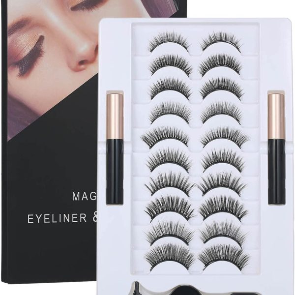 Pepisky Magnetic False Eyelashes Set,with Magnetic Liquid Eyeliner & 10 Pairs Magnetic False Eyelashes Black Magnetic Fake Lashes for Eyelashes Extension Makeup Tools