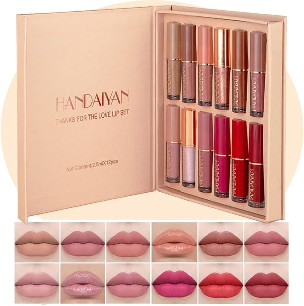 HANDAIYAN Lipstick Set Matte Liquid 12 Colors Long Lasting Waterproof for Women Highly Pigment Velvety Nude Super Stay Soft Hydrating & Lightweight Professional Moisturizing Makeup Lips Gift