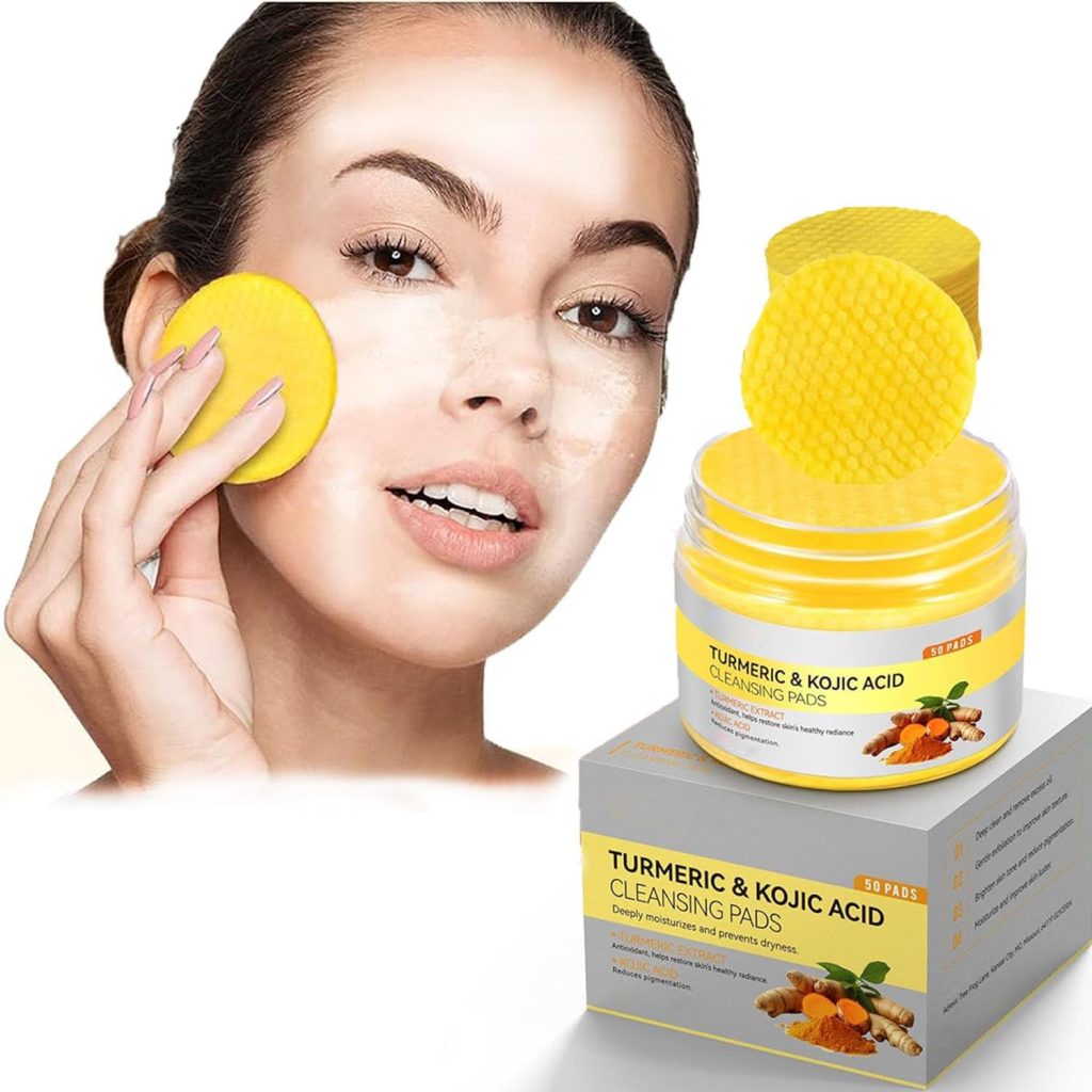 50 PcsTurmeric Cleansing Pads, Turmeric Kojic Acid Cleansing Pads, Turmeric Pads Infused Foaming Exfoliating Pads, Face and Body Remove Excess Keratin, Deep Cleansing Oil Control Shrink Pores