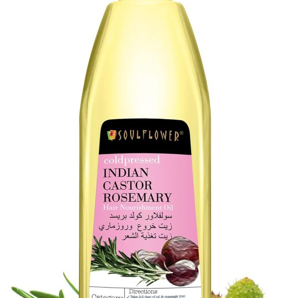 SOULFLOWER ROSEMARY CASTOR HAIR OIL FOR HAIR GROWTH, HAIRFALL CONTROL, FOR DRY, DAMAGED, CURLY, COILY, FRIZZY & BEARD HAIR - 100% PURE, VEGAN, CLINICALLY PROVEN, ECOCERT COSMOS CERTIFIED, 6.77 FL OZ