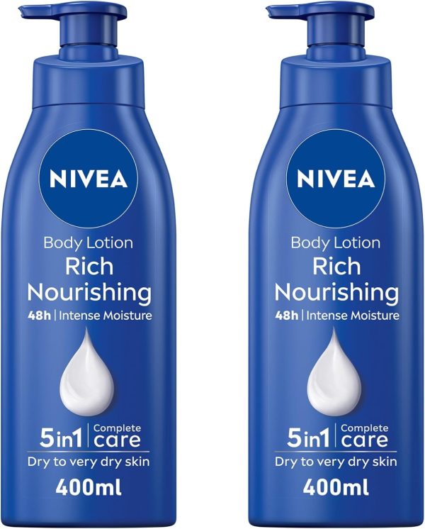 NIVEA Body Lotion for Dry to Very Dry Skin, Rich Nourishing, 5in1 Complete Care, 48H Intense Moisture, 2x400ml, Pack of 2