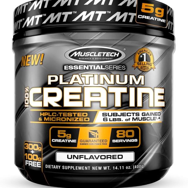 MuscleTech Platinum 100% Creatine Monohydrate Powder Pure Micronized Muscle Recovery, Helps Increase Muscle Power, Boost Strength and Enhance Performance, Unflavored 400 grams(Packaging May Vary)