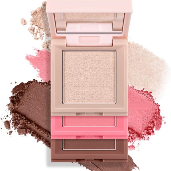 Apooliy Blush Highlighter Contour 3 in 1 Makeup Palette,Matte Shimmer Illuminator Compact Powder,Highly Pigmented Bronzer