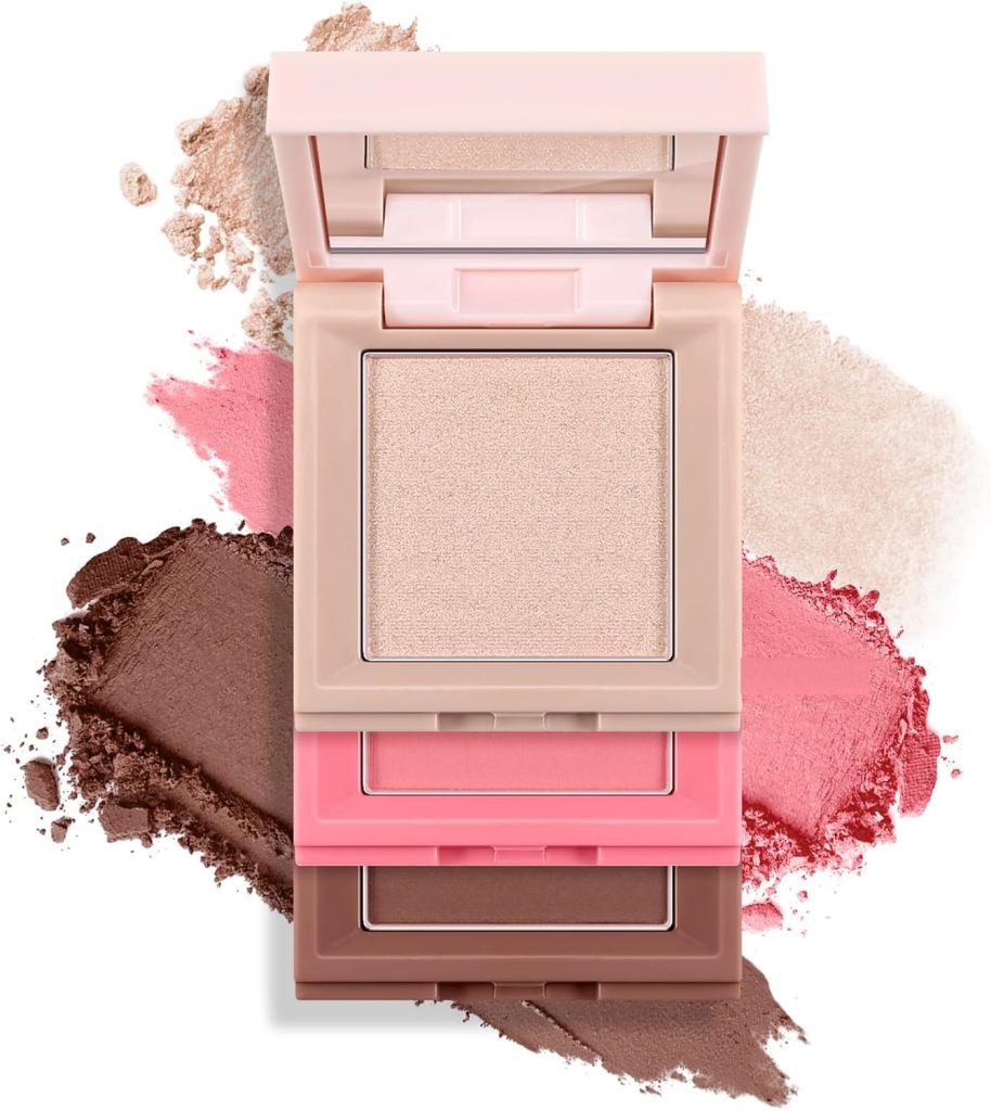 Apooliy Blush Highlighter Contour 3 in 1 Makeup Palette,Matte Shimmer Illuminator Compact Powder,Highly Pigmented Bronzer