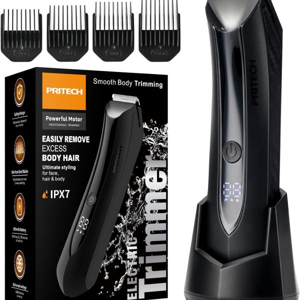 PRITECH Body Hair Trimmer for Men Pubic Hair Trimmer - Wet/Dry Ball Trimmer with Ceramic Blade, Rechargeable Body Groomer for Men with Standing Recharge Dock, Cordless Groin Hair Trimmer for Men