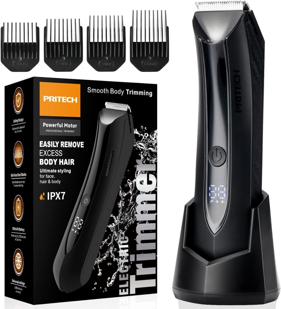 PRITECH Body Hair Trimmer for Men Pubic Hair Trimmer - Wet/Dry Ball Trimmer with Ceramic Blade, Rechargeable Body Groomer for Men with Standing Recharge Dock, Cordless Groin Hair Trimmer for Men