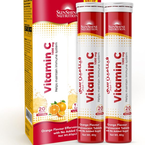 Sunshine Nutrition Vitamin C Orange Effervescent Tablets 20 Pieces x Pack of 2) Vitamin C - x2 bottles of 1000mg Vitamin C (40 tabs)