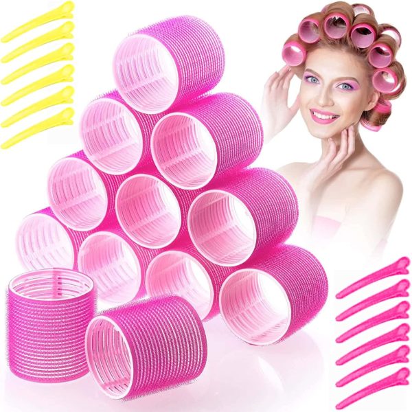 24Pcs Jumbo Hair Rollers Set, 12 Pcs Self Grip Holding Large Hair Rollers Curlers 55 x 63 mm & 12 Pieces Duckbill Sectioning Clips for Salon Barber Hairdressing, Hair Styling Rollers, Hair Accessories