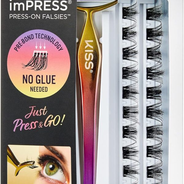 Impress KISS Press-On Falsies Eyelash Clusters Kit, Spiky, Black, Fuss Free, Invisible Band, Natural, 24 Hours, Sticky Residue, Flawless, Quick & Easy | 20 Clusters, Pack Of 1 (ILK03) Standard