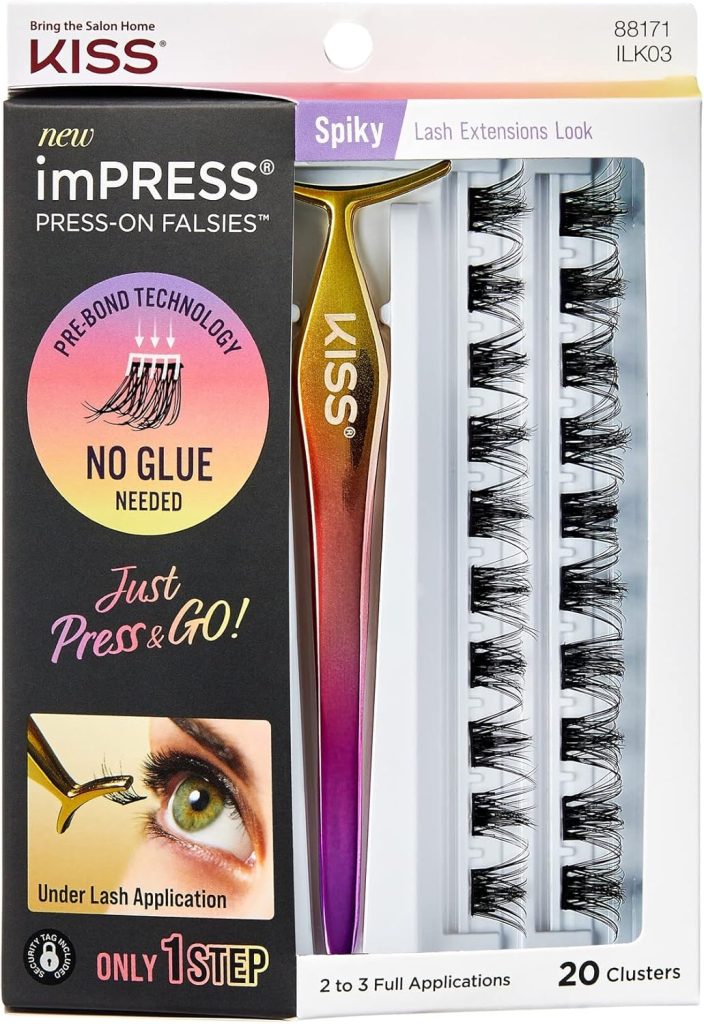 Impress KISS Press-On Falsies Eyelash Clusters Kit, Spiky, Black, Fuss Free, Invisible Band, Natural, 24 Hours, Sticky Residue, Flawless, Quick & Easy | 20 Clusters, Pack Of 1 (ILK03) Standard