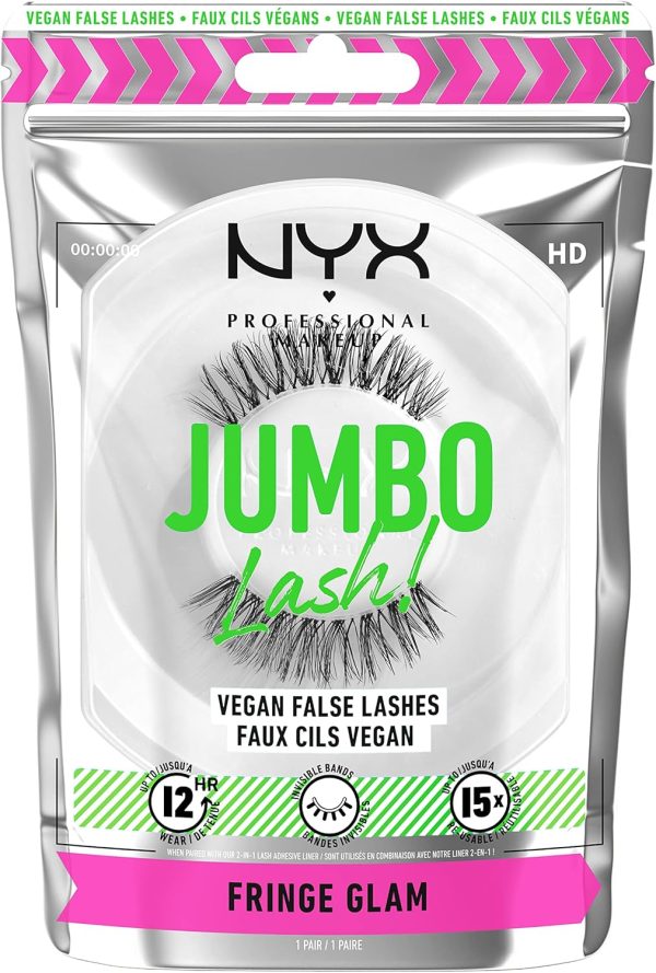 NYX Professional Makeup False Lashes, Long-lasting 12h Wear, Invisible Bands, Re-Usable up to x15, Vegan Lashes, Jumbo Lash!, Fringe Glam