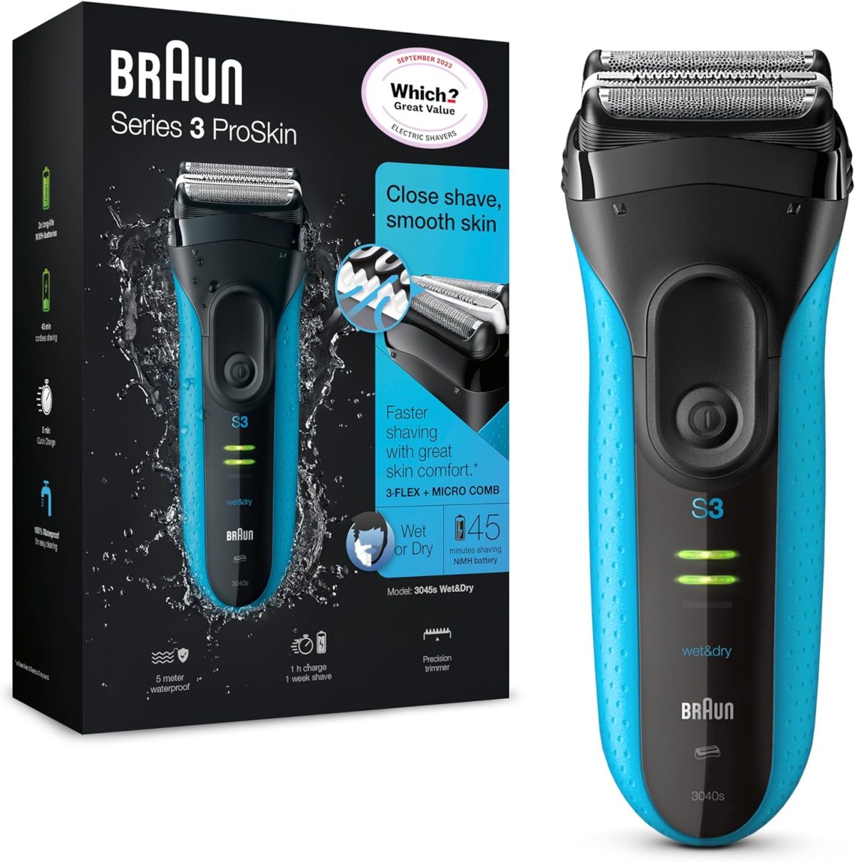 Braun Series 3 ProSkin 3040s Electric Shaver, Black/Blue - Rechargeable Wet & Dry Electric Razor