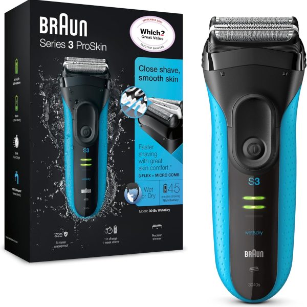 Braun Series 3 ProSkin 3040s Electric Shaver, Black/Blue - Rechargeable Wet & Dry Electric Razor