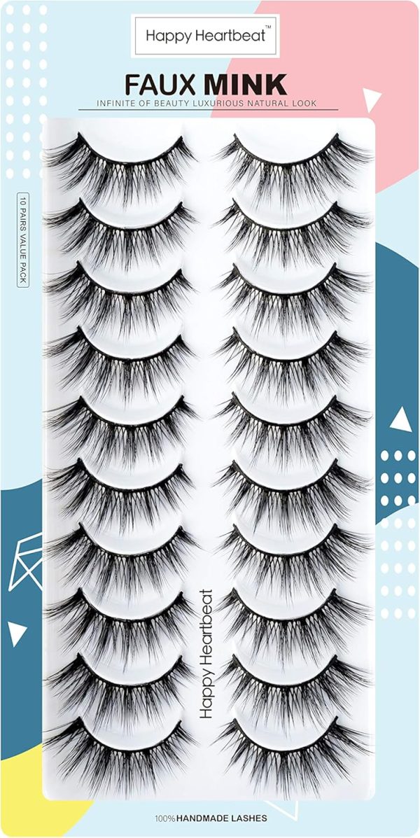 3D False Eyelashes Cat Eye Short Fake Eyelashes Wispy Natural Fluffy Soft Reusable Faux Mink Lashes 10 Pairs Happy Heartbeat (H2)