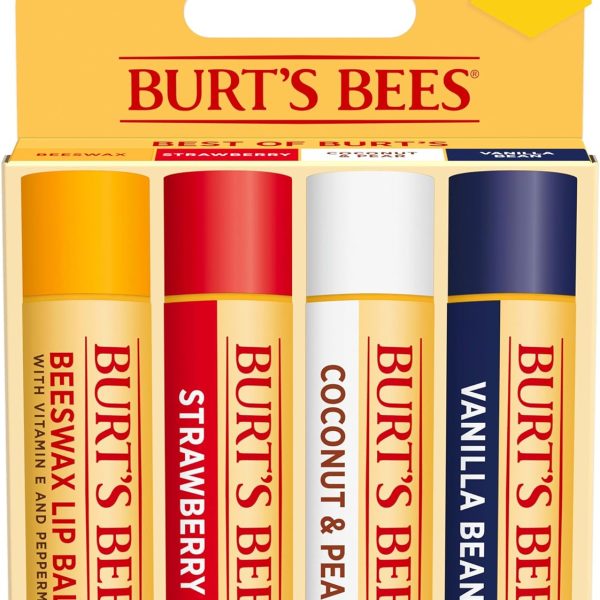 Burt's Bees 100% Natural Origin Moisturizing Lip Balm, Multipack, Original Beeswax, Strawberry, Coconut & Pear and Vanilla Bean with Beeswax & Fruit Extracts, 4 Tubes, Cranberry, Pack of 1