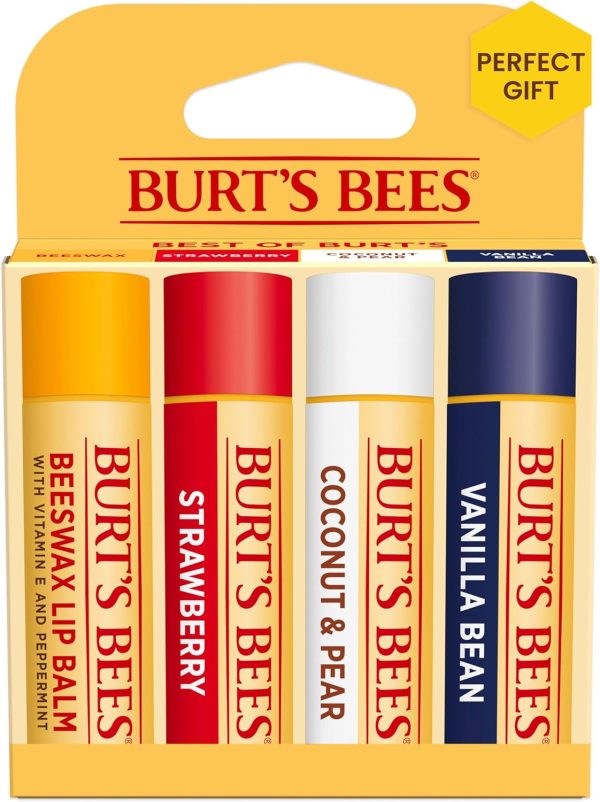 Burt's Bees 100% Natural Origin Moisturizing Lip Balm, Multipack, Original Beeswax, Strawberry, Coconut & Pear and Vanilla Bean with Beeswax & Fruit Extracts, 4 Tubes, Cranberry, Pack of 1