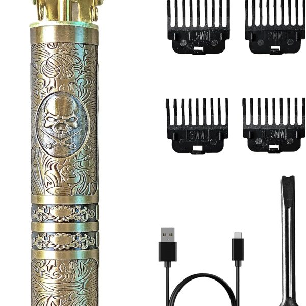 Sprinters - Men Hair Clipper Zero Gapped 6 in 1 Professional Cordless Metal Body Trimmer | Haircut USB Charging Beard Trimmer Wireless Rechargeable Gold Colour Vintage Design (Skull Design, Gold)