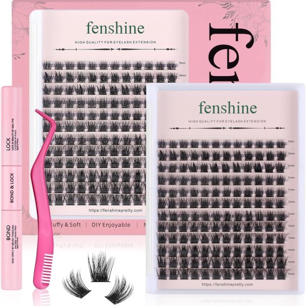 fenshine beauty Cluster Lashes Individual Lashes Wide Stem C/D Curl 9-15mm Length DIY Eyelash Extension Individual Soft False Lashes for Personal Use at Home (144pcs Mix 9-15MM, Eyelash Extension Kit)