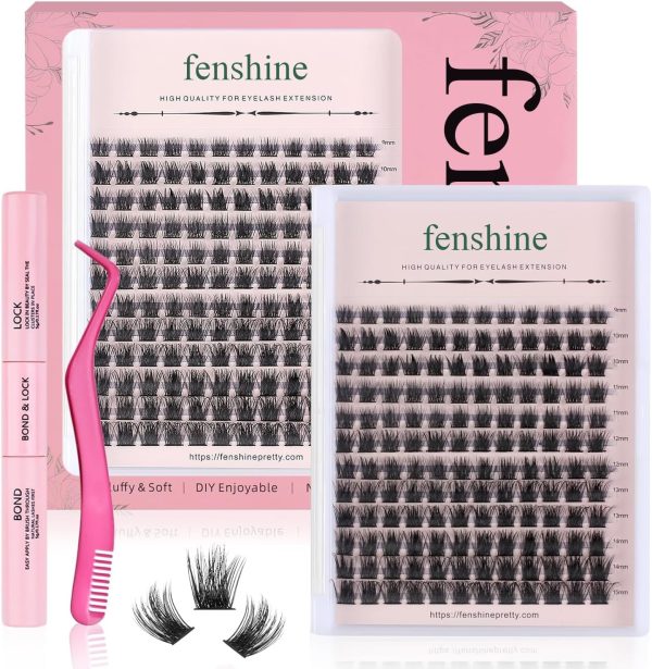 fenshine beauty Cluster Lashes Individual Lashes Wide Stem C/D Curl 9-15mm Length DIY Eyelash Extension Individual Soft False Lashes for Personal Use at Home (144pcs Mix 9-15MM, Eyelash Extension Kit)