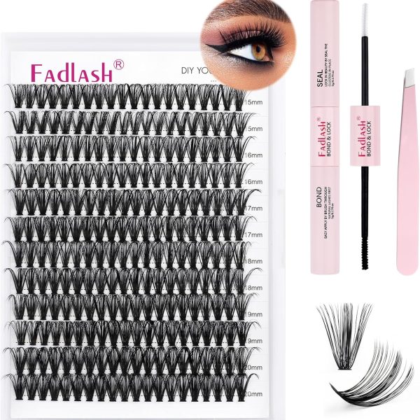 FADLASH DIY Lash Extension Kit Individual Lashes Cluster D Curl Eyelash Extension Kit with Lash Bond and Seal and Lash Applicator Tool for Self Application at Home (40D-0.07D-12-18MIX KIT)