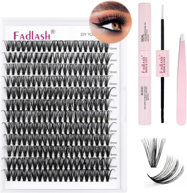 FADLASH DIY Lash Extension Kit Individual Lashes Cluster D Curl Eyelash Extension Kit with Lash Bond and Seal and Lash Applicator Tool for Self Application at Home (40D-0.07D-12-18MIX KIT)