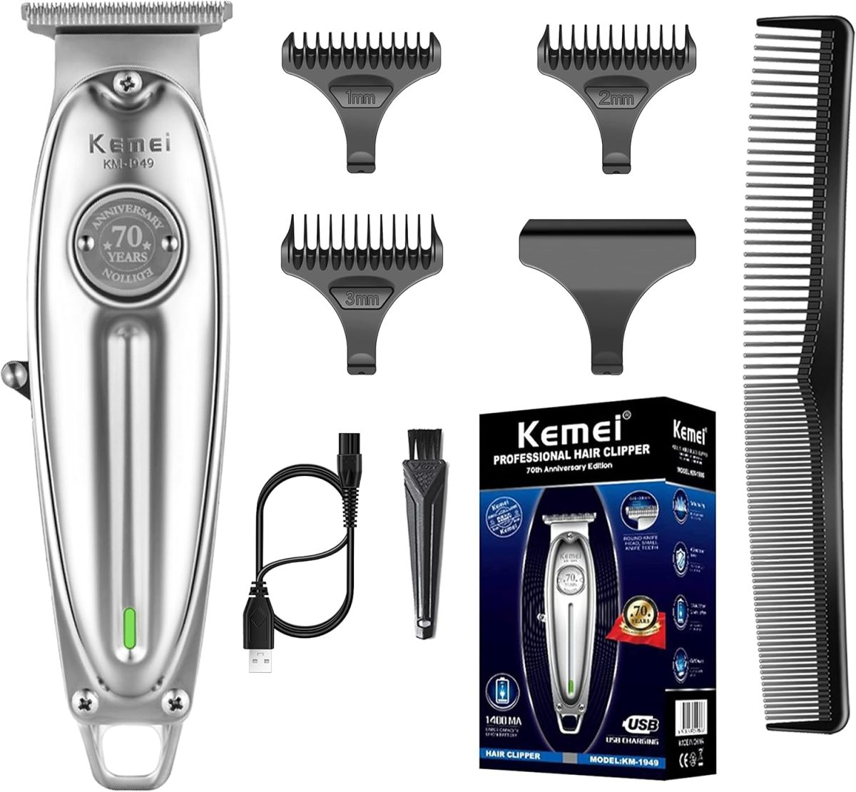 Kemei Professional Hair Clippers Beard Trimmer for Men T-Blade Outliner Barber Grade Electric Clippers All-in-One Grooming Solution Cordless