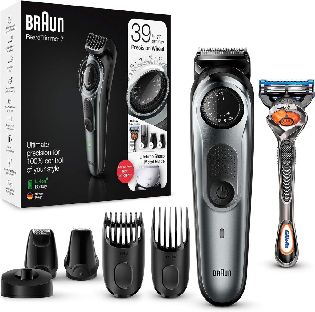 Barun Beard Timmer 7 with 39 Length Settings Precision Wheel Cordless & Rechargeable With Gillette Proglide Razor, Black/Silver Metal, BT7240