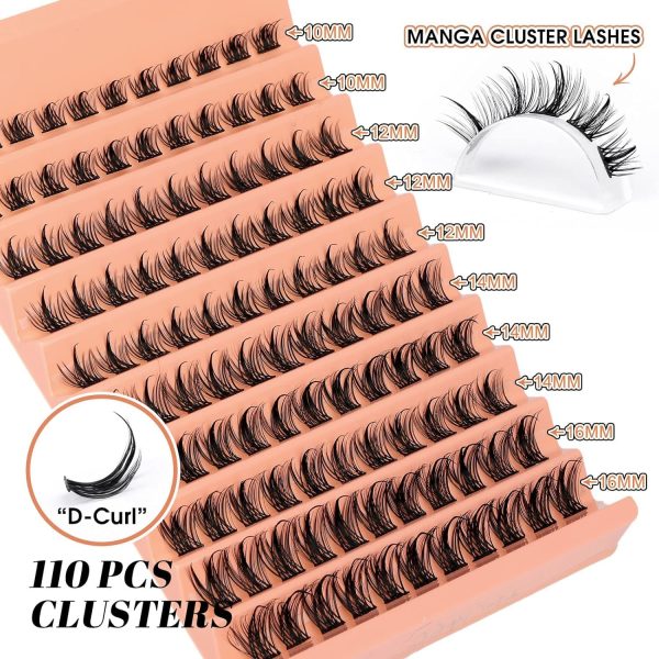 BBAUER Cluster Lashes 110 Pcs Lash Clusters Wispy D Curl Eyelash Extensions 10 16mm Eyelash Cluster DIY Lash Extensions at Home Individual Natural Eye Lashes Anime Natural