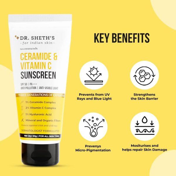 Dr. Sheths Sunscreen SPF 50 Cream with Ceramide Vitamin C for Oily Sensitive Dry Skin For Intense Hydration Non Greasy Quick Absorbing Zero White Cast PA For Women Men 50g