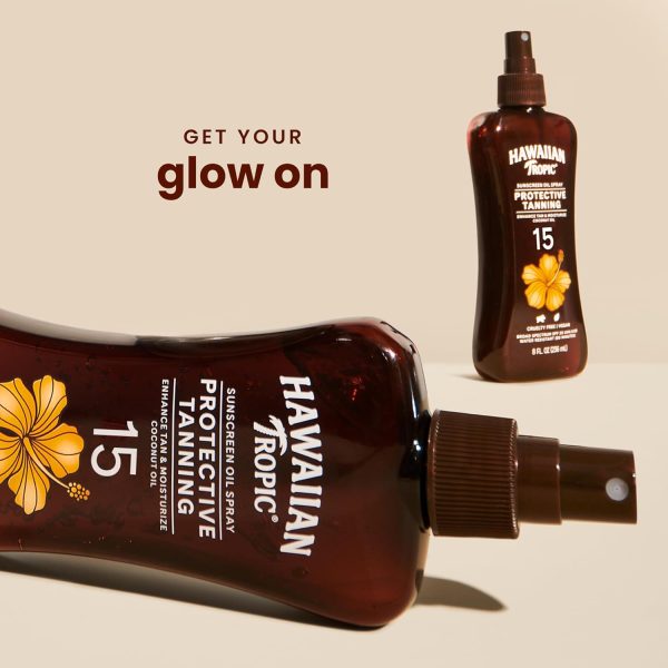 Hawaiian Tropic Sunscreen Oil Spray Protective Tanning Enhance Tan moisturize coconut oil Tropical Scent SPF 15 UVAUVB Water resistant 80Mins Vegan No Oxybenzone 236ml