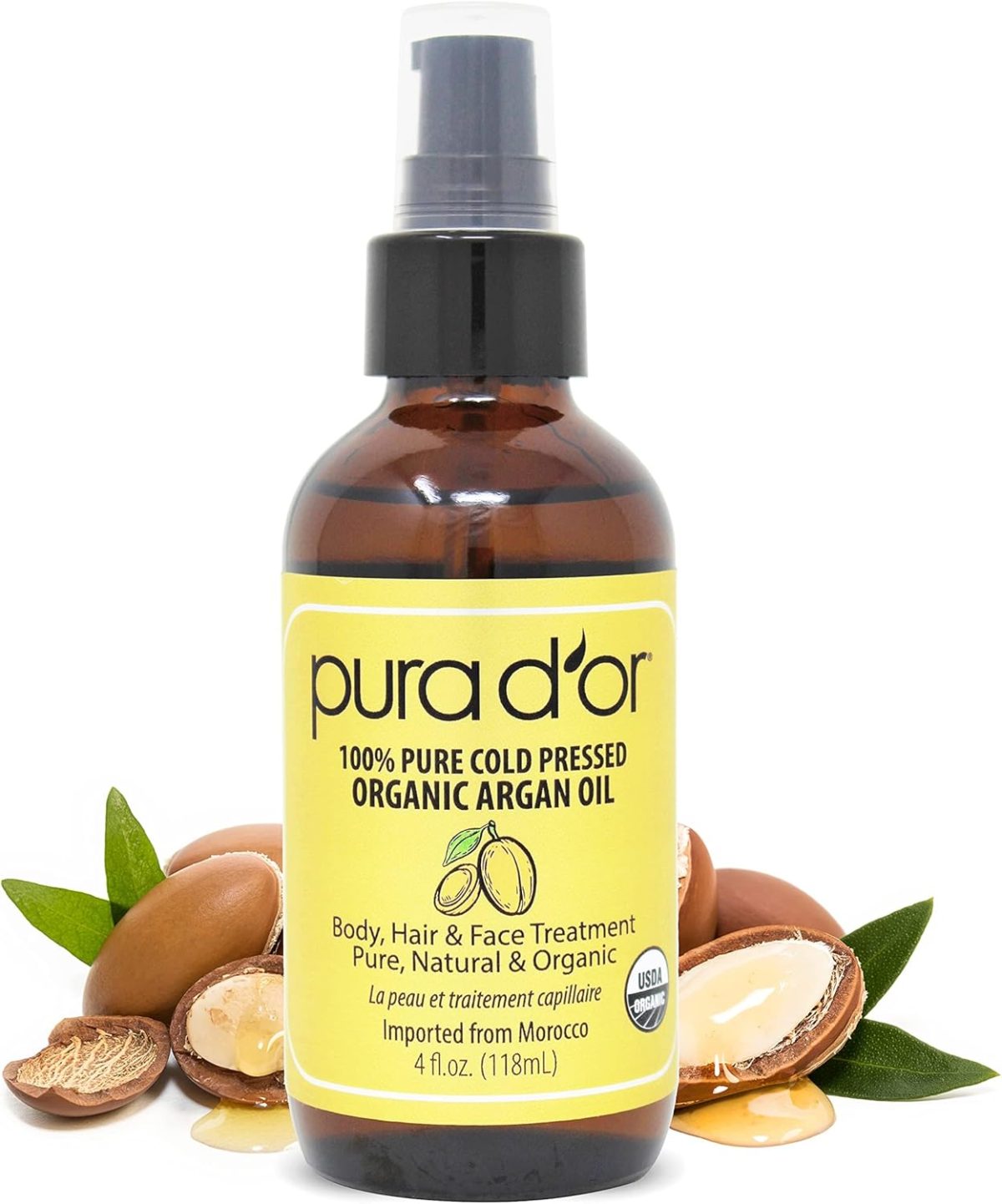 PURA DOR Organic Moroccan Argan Oil 4oz 118mL USDA