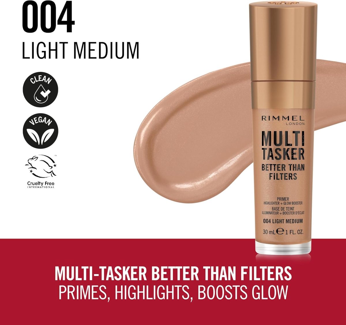 Rimmel Multi Tasker Better Than Filters Face Primer Glow Booster and Highlighter 004 Light Medium 30ml