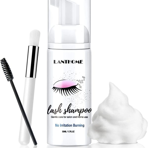 Lanthome Eyelash Extension Shampoo, Remove Makeup Residue & Mascara, Gentle Deep Cleansing and No Irritating or Burning for Eyelash Extension Foam - Perfect for Salon Use and Home Care (50ML)