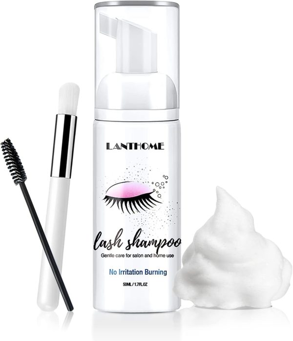 Lanthome Eyelash Extension Shampoo, Remove Makeup Residue & Mascara, Gentle Deep Cleansing and No Irritating or Burning for Eyelash Extension Foam - Perfect for Salon Use and Home Care (50ML)