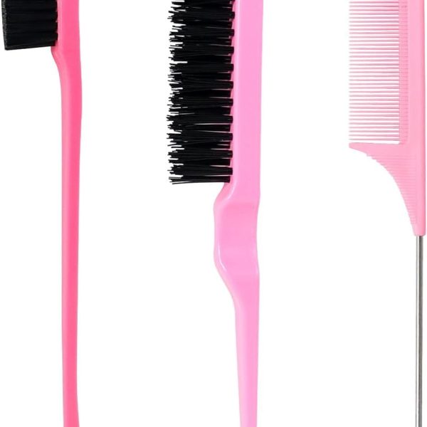 McMola 3 Pcs Slick Brush Set, Plastic Bristle Hair Brush Teasing Comb Edge Hair Brush Teasing Brush Set, Rat Tail Comb Double Sided Edge Brush, for Hairdresser Women Baby Children (Pink)