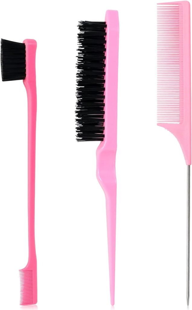 McMola 3 Pcs Slick Brush Set, Plastic Bristle Hair Brush Teasing Comb Edge Hair Brush Teasing Brush Set, Rat Tail Comb Double Sided Edge Brush, for Hairdresser Women Baby Children (Pink)