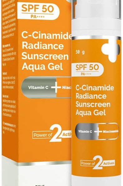 The Derma Co C-Cinamide Sunscreen SPF 50 Aqua Gel, with Vitamin C & Niacinamide, PA++++, Lightweight, No White Cast for Sun Protection & Glowing Skin - 50gm